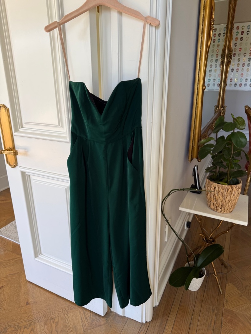 Strapless Dark Green Wide-Leg Jumpsuit with Pockets